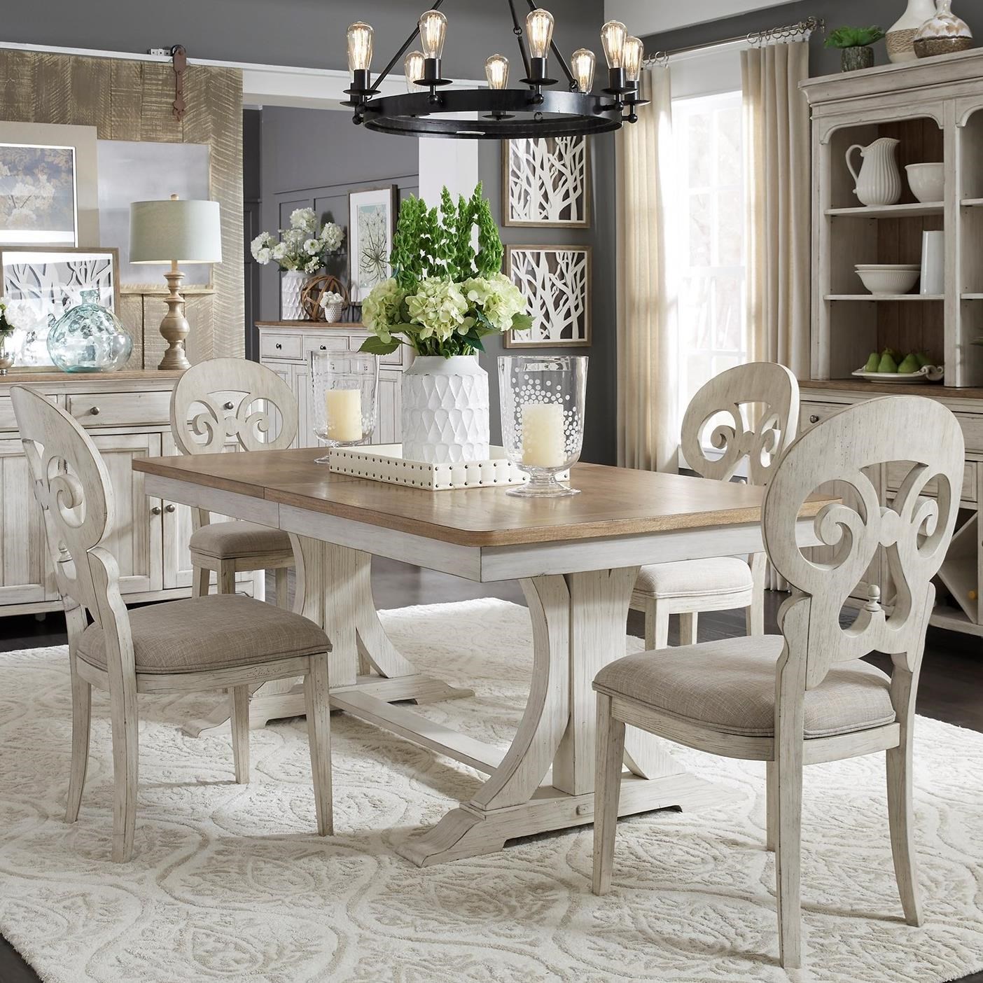 Liberty Furniture Farmhouse Reimagined 652 DR 5TRS Farmhouse 5 Piece Trestle Table Set Novello Home Furnishings Table Chair Set 5 Pc